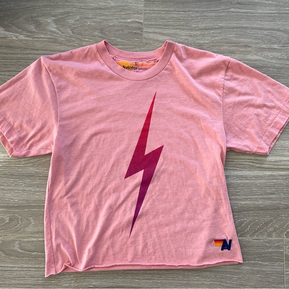 Aviator Nation Women’s Bolt Boyfriend Tee Pink with Hot Pink Bolt Sz S EUC - Picture 7 of 10
